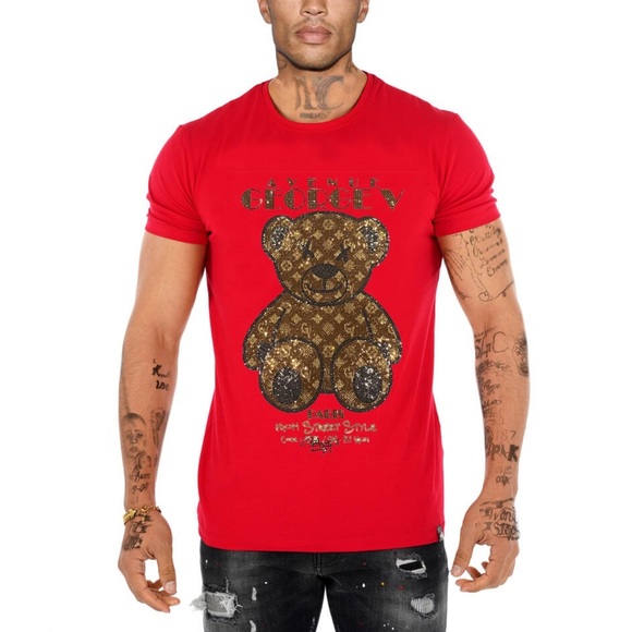 George V Red Designer Men’s Rhinestone Tee Shirt